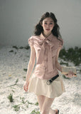 aomalm blouse, bow blouse women, puff sleeve blouse, feminine korean top, french style shirt, pink bow shirt, romantic summer blouse, tailored feminine top, waist slimming blouse, elegant korean fashion top, soft office blouse, pretty summer top