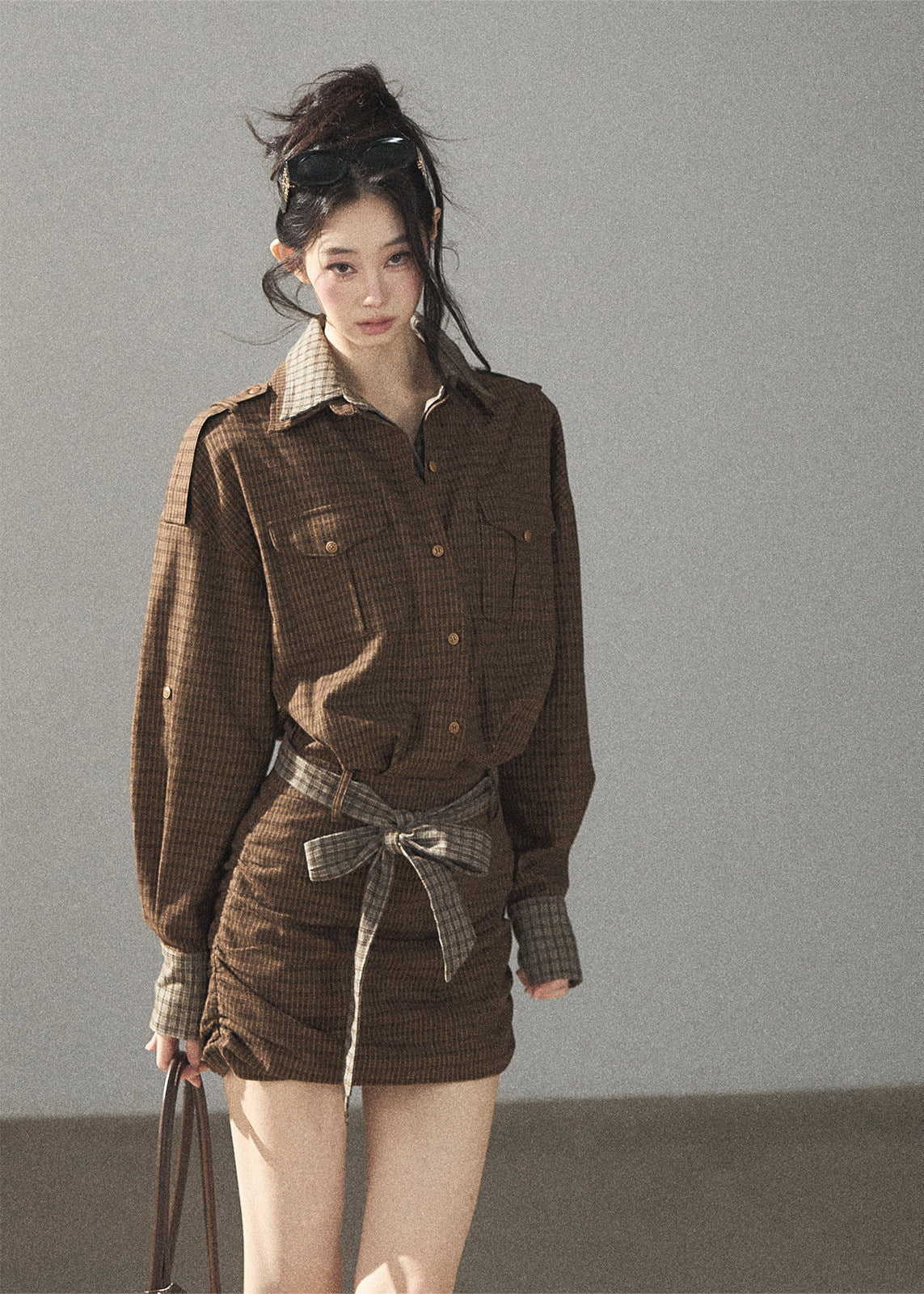 Brown plaid shirt dress for autumn styling