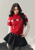 AOMALM knit sweater, winter knit top women, Korean style sweater, semi high neck sweater, argyle knit top, red winter sweater, short sleeve knit winter, feminine knit top, soft winter sweater, holiday knit top, Korean fashion winter, slim fit knit sweater, layering winter top, cute winter sweater women, Christmas knit sweater, aesthetic knitwear