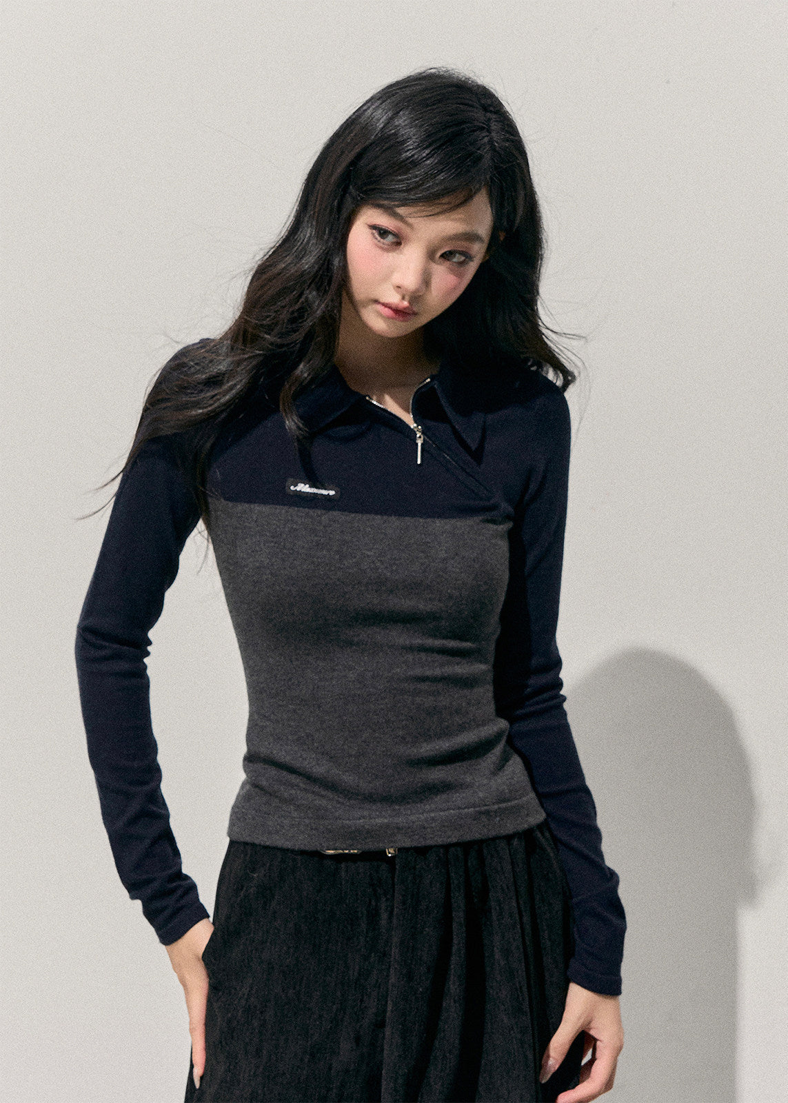 women knit top, slim polo top, long sleeve knit shirt, korean style top, feminine knitwear, autumn winter top, polo collar knit, slimming top women, stretch knit shirt, casual knit top, soft feminine top, layered winter top, everyday knitwear, stylish women top, minimal knit top, korean fashion women, fall winter clothing, waist slimming top, modern knit shirt, chic knit top