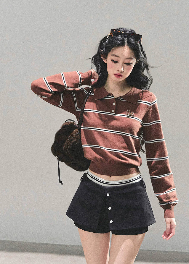 striped knit top, cropped polo shirt, vintage striped sweater, Korean fashion knit, AOMALM polo top, fall knitwear women, slimming crop top, long sleeve polo, American retro knit, Korean style tops, autumn fashion women, preppy knit top, waist-slimming shirt, striped crop fashion, aesthetic polo top, soft knit sweater, cute Korean outfit, polo collar knit, trendy fall tops, slim fit long sleeve top.