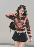 striped knit top, cropped polo shirt, vintage striped sweater, Korean fashion knit, AOMALM polo top, fall knitwear women, slimming crop top, long sleeve polo, American retro knit, Korean style tops, autumn fashion women, preppy knit top, waist-slimming shirt, striped crop fashion, aesthetic polo top, soft knit sweater, cute Korean outfit, polo collar knit, trendy fall tops, slim fit long sleeve top.