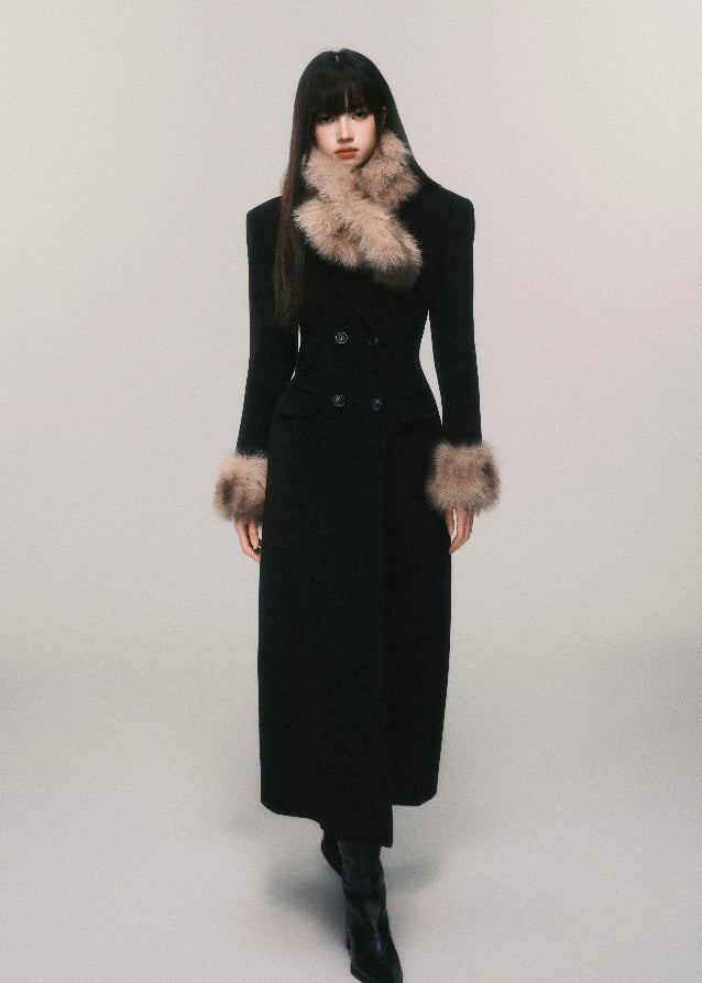 LuluSwings tweed coat, hourglass waist long coat, fur collar tweed jacket, detachable scarf coat, retro elegant wool coat, Korean stylish winter outerwear, luxury city girl coat, sculpted waist tweed coat, brown fur trim long coat, high fashion winter jacket, AW stylish coat women, chic fur cuff coat