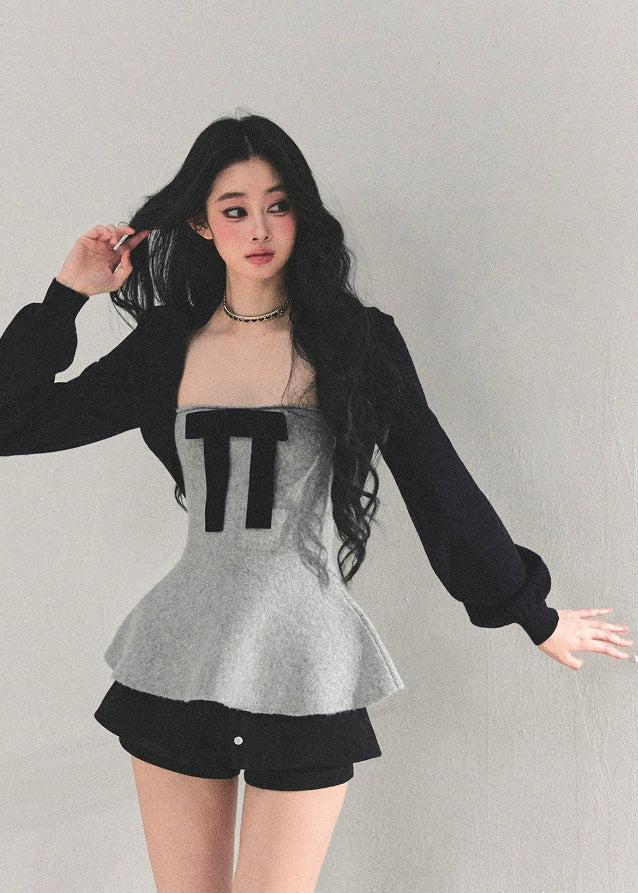 AOMALM top, French princess top, bow bustier vest, peplum vest top, knit bolero set, Korean feminine outfit, autumn winter top set, layered two-piece top, elegant ribbon top, princess style fashion, Korean winter fashion, peplum silhouette top, feminine streetwear, chic knit shawl, bow detail vest, trendy Korean tops, winter layering tops, romantic French outfit, stylish two-piece women, soft knit bolero, AOMALM new collection