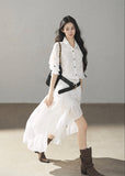 White collared shirt dress with flowing lace skirt