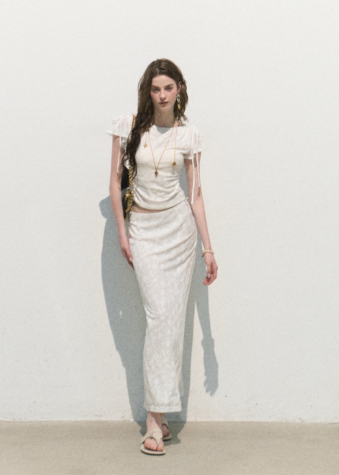 oakmoo set, white jacquard set, top and skirt set, korean minimal fashion, white two piece set, slim short sleeve top, long white skirt, feminine summer outfit, textured jacquard outfit, quiet luxury set, elegant summer set, romantic korean outfit