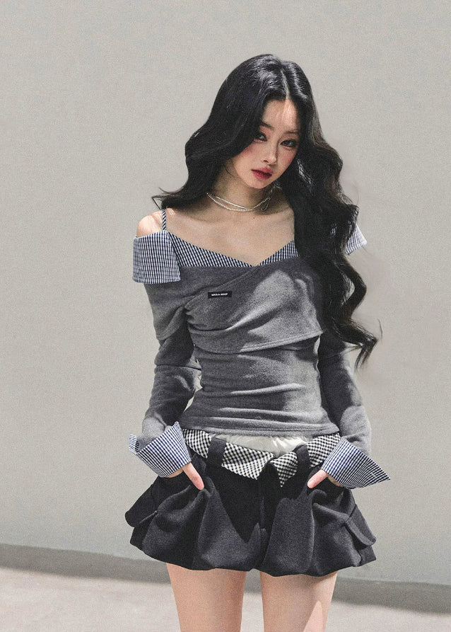 one shoulder top, asymmetric knit top, Korean fashion top, plaid layered top, fall winter knit shirt, waist slimming top, feminine Korean style, AOMALM top, draped knit blouse, off shoulder long sleeve, plaid detail shirt, aesthetic Korean outfit, trendy autumn tops, slimming knitwear women, soft girl Korean fashion, elegant knit top, street feminine style, winter layering top