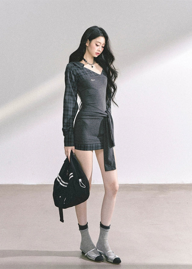 slim fit plaid sleeve dress, fake two piece dress women, Korean style mini dress, college girl plaid dress, trendy slim bodycon dress, autumn fashion mini dress, K-fashion plaid dress, American royal sister dress, check sleeve mini dress, waist tie bodycon dress, elegant plaid dress for women, sexy hip-hugging dress, summer slim plaid dress, girl group fashion dress, stylish campus dress for women
