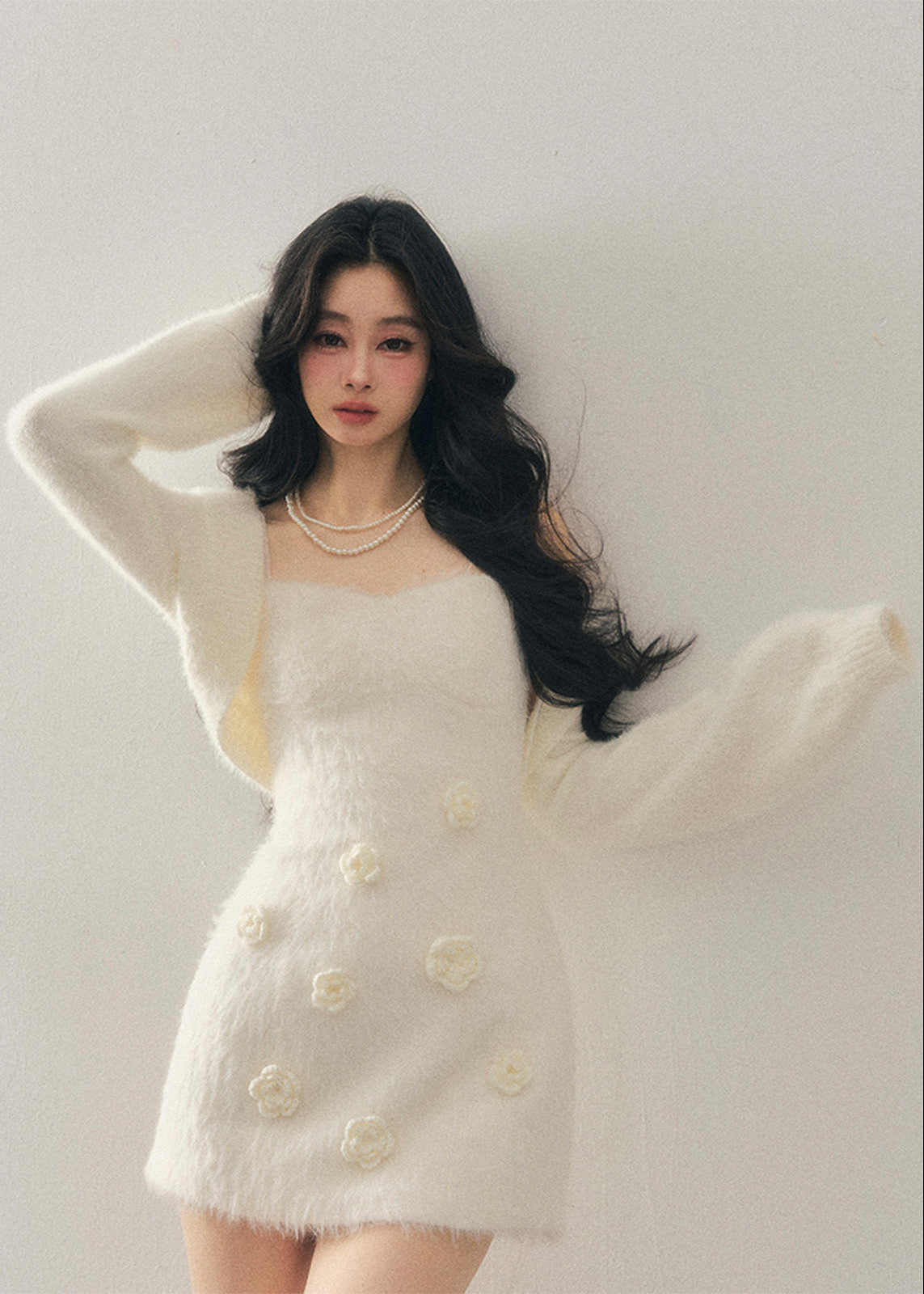 AOMALM dress, Korean winter dress, feminine knit dress, floral mini dress, 3D flower dress, sweet winter outfit, slim fit knit dress, French style dress, soft girl aesthetic, Korean fashion women, winter mini dress, elegant knit dress, romantic winter dress, aesthetic slip dress, trendy women’s dress, Korean aesthetic outfit, cozy winter dress