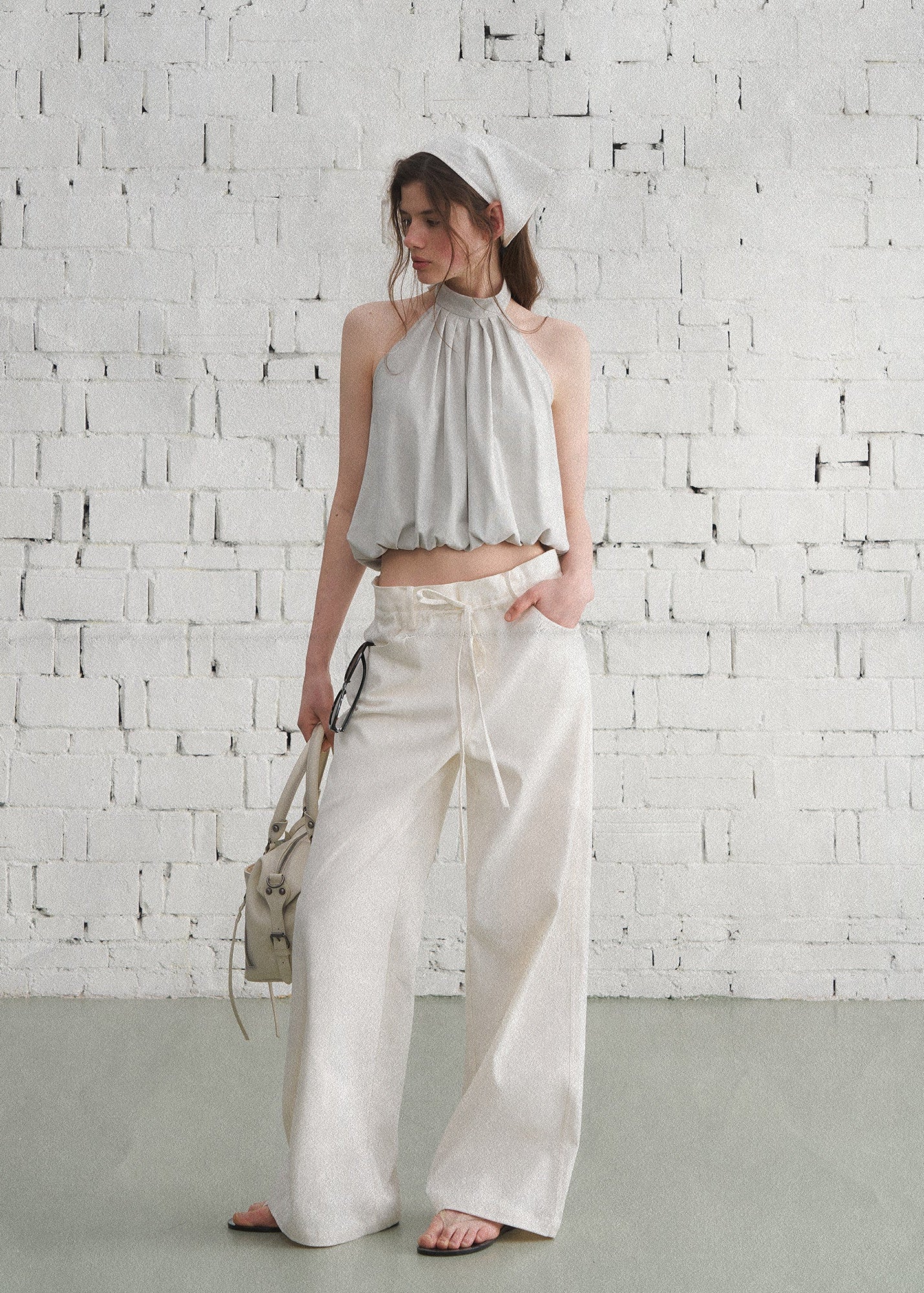 halter tank top, high neck tank top, open back top, sleeveless summer top, Korean feminine top, French minimalist top, mint green tank top, pleated halter top, cotton spandex top, bubble hem top, minimalist summer blouse, feminine Korean fashion, resort tank top, casual elegant top, open back halter top