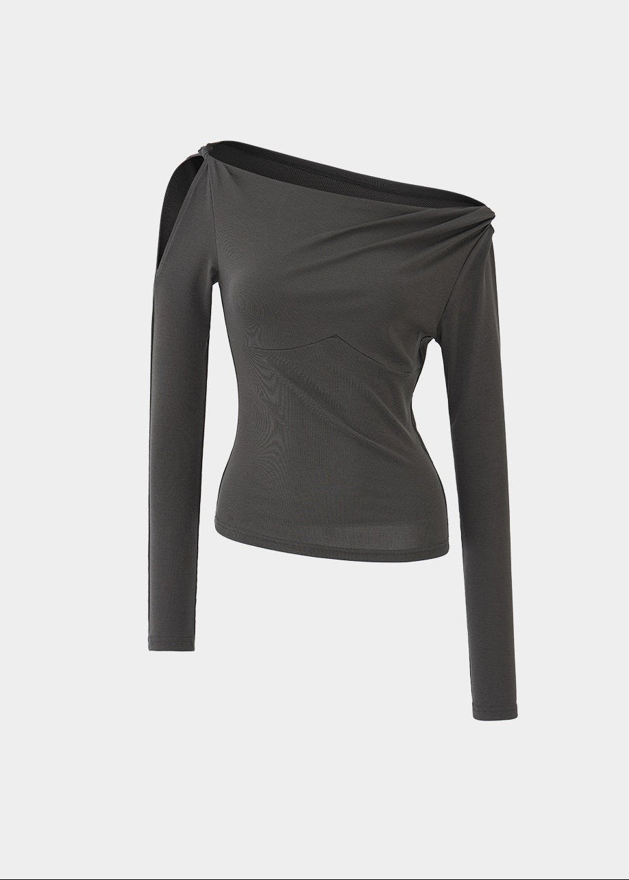 off shoulder top women, tencel long sleeve top, asymmetrical neckline top, korean fashion top, slim fit tee women, minimalist long sleeve top, breathable fabric top, modern feminine clothing, casual chic top, fitted long sleeve shirt, soft knit top women, versatile everyday top, aesthetic fashion top, parisian style clothing, clean line top, lightweight layering top, refined casual wear, edgy feminine outfit, simple design top, contemporary fashion women