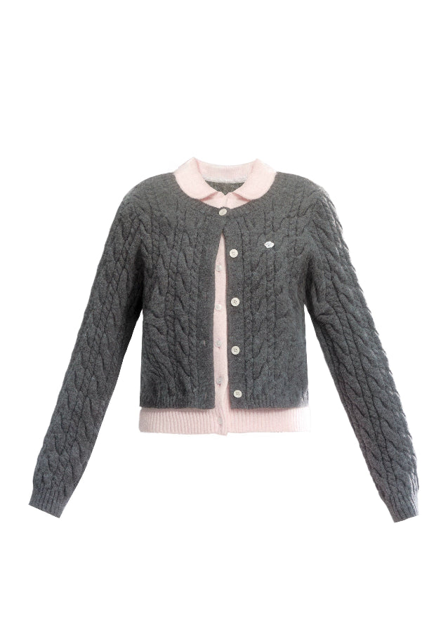 Fragileheart knit cardigan, faux two-piece sweater, doll collar knit top, luxury Korean fashion, quiet luxury womenswear, pastel noir aesthetic, elegant preppy outfit, 2025 winter K-fashion, contrast knit sweater, modern feminine knitwear, chic two-tone cardigan, sophisticated Korean look, soft autumn outfit, refined luxury fashion
