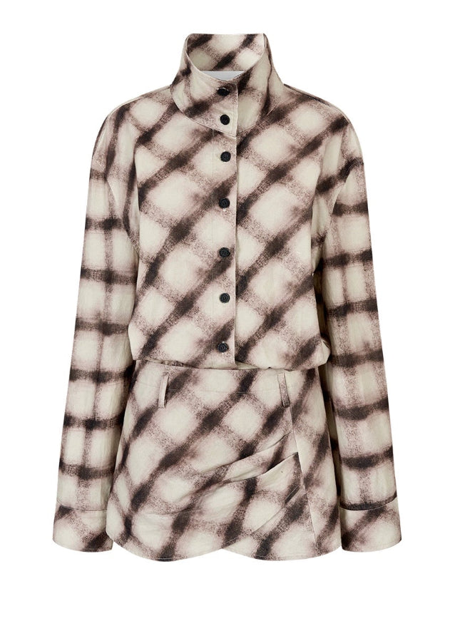 VIAPITTI check shirt dress, irregular pattern midi dress, edgy Korean fashion, autumn streetwear dress, plaid long sleeve dress, grunge check dress, urban street style outfit, K-fashion 2025, relaxed midi silhouette, blurred check print dress, industrial streetwear women, casual street dress
