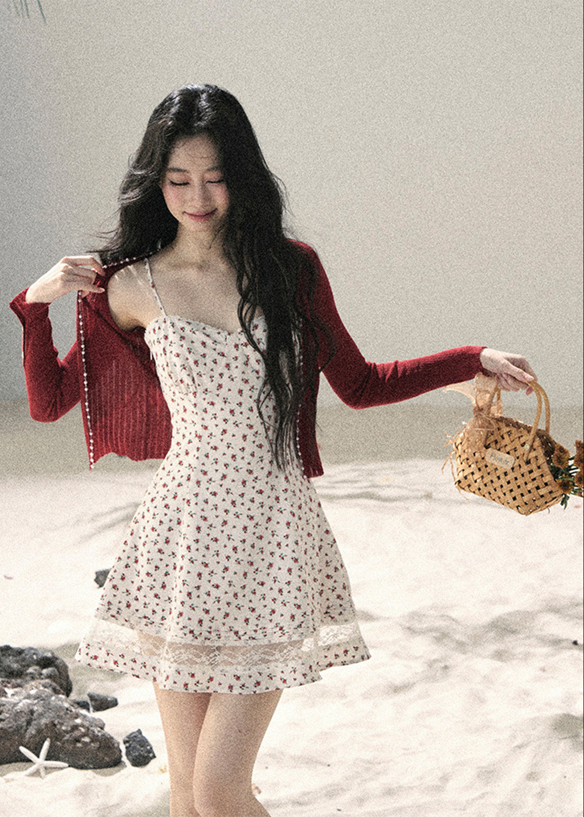 aomalm floral dress, floral slip dress set, korean feminine dress, french style mini dress, lace trim slip dress, cardigan and dress set, romantic summer dress, floral mini dress women, korean summer outfit, cute floral dress, feminine vacation dress, lace floral dress