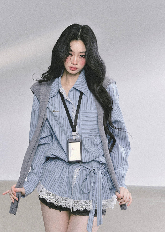 lace striped shirt women
french lace blouse
korean style striped top
ruffle lace trim shirt
long sleeve lace shirt women
autumn commuter blouse
elegant lace shirt outfit
korean american fashion top
slimming lace striped blouse
vintage lace ruffle top
romantic french style shirt
casual chic lace shirt women
