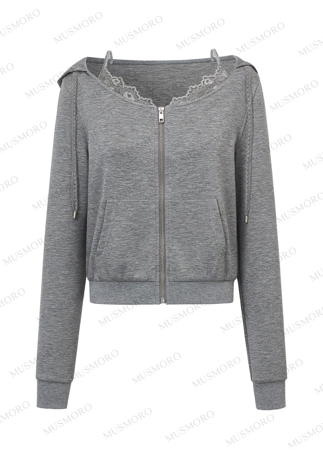 Women's cropped zip hoodie with delicate lace detailing and pockets