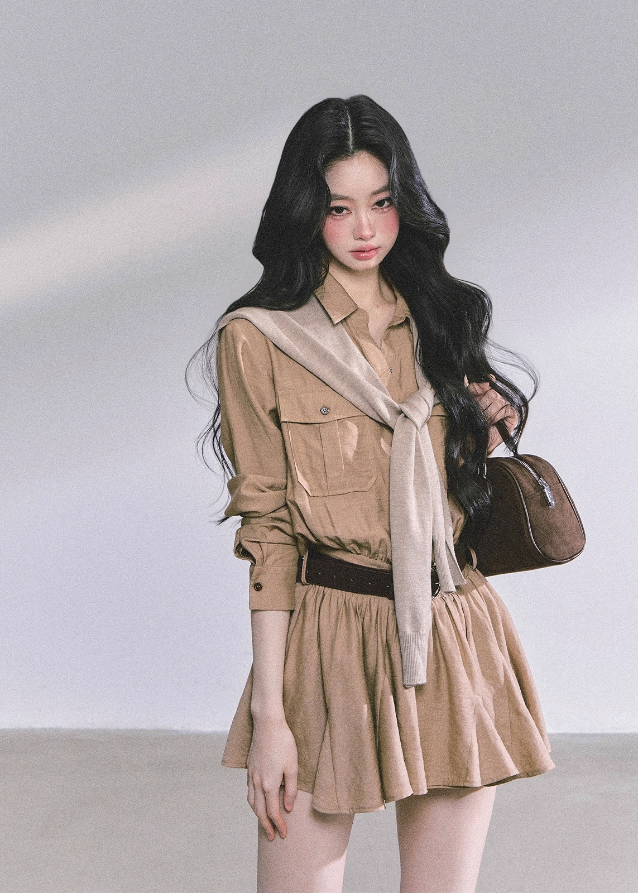 korean cargo dress, french hepburn dress, autumn flare shirt dress women, belted short cargo dress, korean academia style outfit, korean autumn mini dress, beige button up dress, seoul preppy girl fashion, korean elegant cargo dress, hepburn french chic outfit, soft academia korean fashion, korean shirt dress long sleeve, korean fall 2025 dress, stylish cargo mini dress, waist slimming flare dress