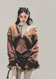 Korean jacket, lambswool jacket, fluffy cropped jacket, winter feminine coat, AOMALM jacket, Korean style outerwear, fur trim hoodie, cute winter jacket, warm fleece coat, short lamb fleece top, girly winter fashion, soft girl jacket, brown fluffy jacket, K-fashion outer, winter Korea outfit