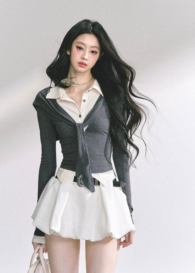 korean fake two piece top, korean long sleeve polo shirt women, seoul fashion streetwear top, korean aesthetic preppy top, slim fit layered polo shirt, british inspired korean fashion, hot girl slim waist top, korean fall fashion long sleeve, polo collar slim top women, korean art student outfit, elegant french style layered top, korean modern street chic top, layered illusion knit top, korean preppy fashion blouse, kfashion trendy two piece top