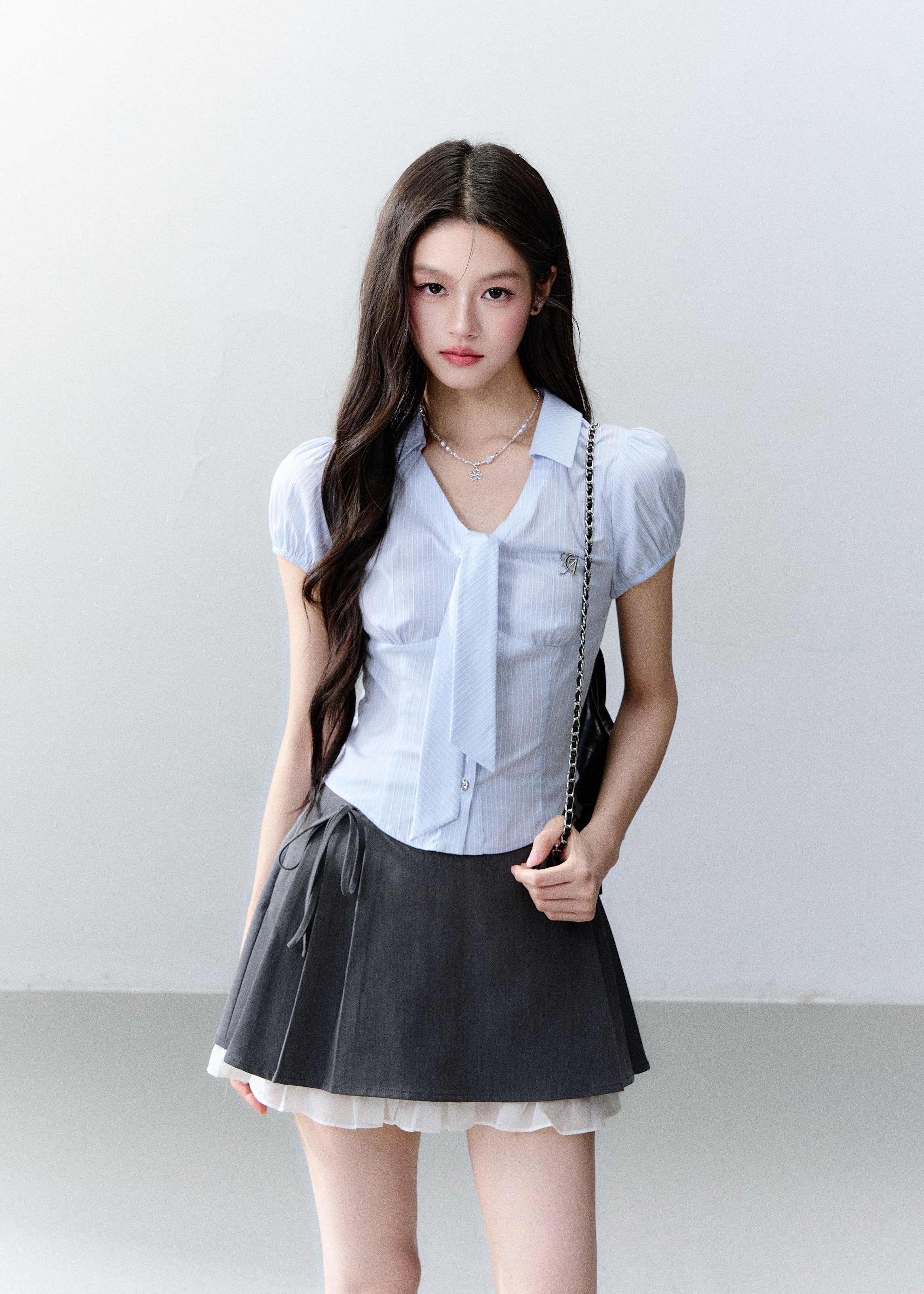 fragileheart top, blue striped shirt, korean collegiate top, academy style shirt, waist cinching top, slim fit shirt, feminine korean fashion, preppy stripe top, short sleeve collar shirt, korean summer top, soft blue shirt, campus style outfit