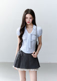 fragileheart top, blue striped shirt, korean collegiate top, academy style shirt, waist cinching top, slim fit shirt, feminine korean fashion, preppy stripe top, short sleeve collar shirt, korean summer top, soft blue shirt, campus style outfit
