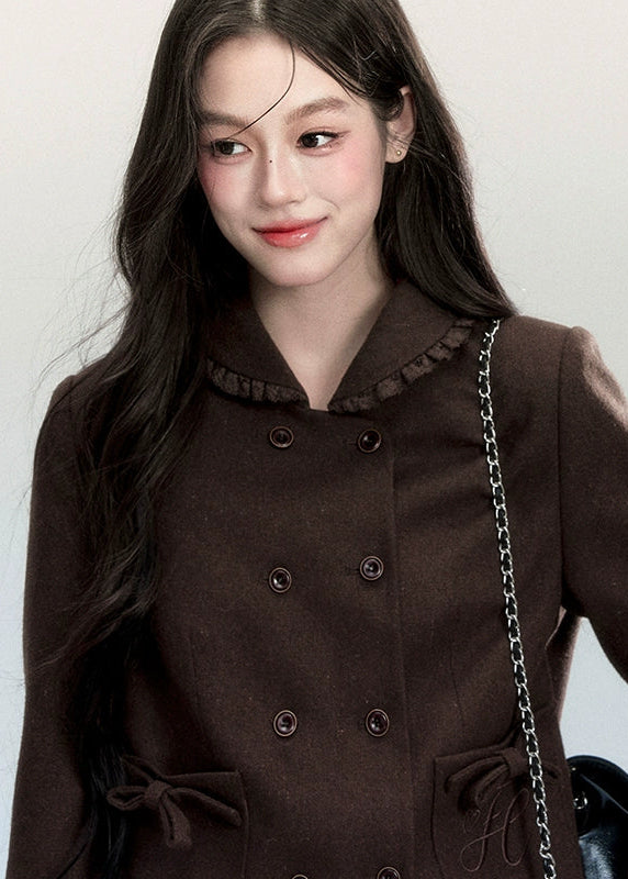 Fragileheart skirt suit set, brown pleated two-piece, luxury Korean fashion, doll collar jacket, vintage feminine outfit, quiet luxury womenswear, pastel noir aesthetic, elegant autumn ensemble, K-fashion 2025, romantic preppy look, mocha brown outfit, chic bow jacket set, soft classic fashion, refined Korean style
