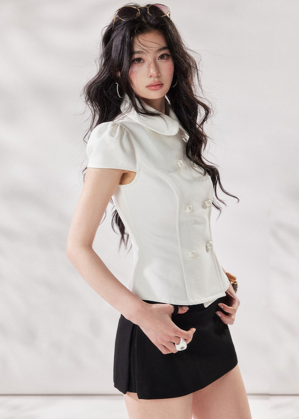 white denim shirt women, double breasted shirt women, doll collar blouse, french style summer shirt, short sleeve denim top, structured white top, chic summer outfit women, korean fashion blouse, modern casual shirt, elevated everyday top