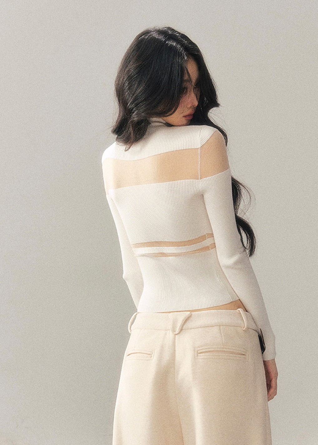 whispering of the night top, korean knit top, semi sheer knit, mesh panel knit shirt, slim fit winter top, women’s turtleneck knit, korean fashion top, elegant mesh knitwear, black mesh knit top, ivory mesh sweater, AOMALM top, winter slim knit shirt, long sleeve mesh top, feminine korean clothes, chic winter tops for women, aesthetic winter outfits, stylish knit base layer, hot girl knit top, soft stretch knitwear