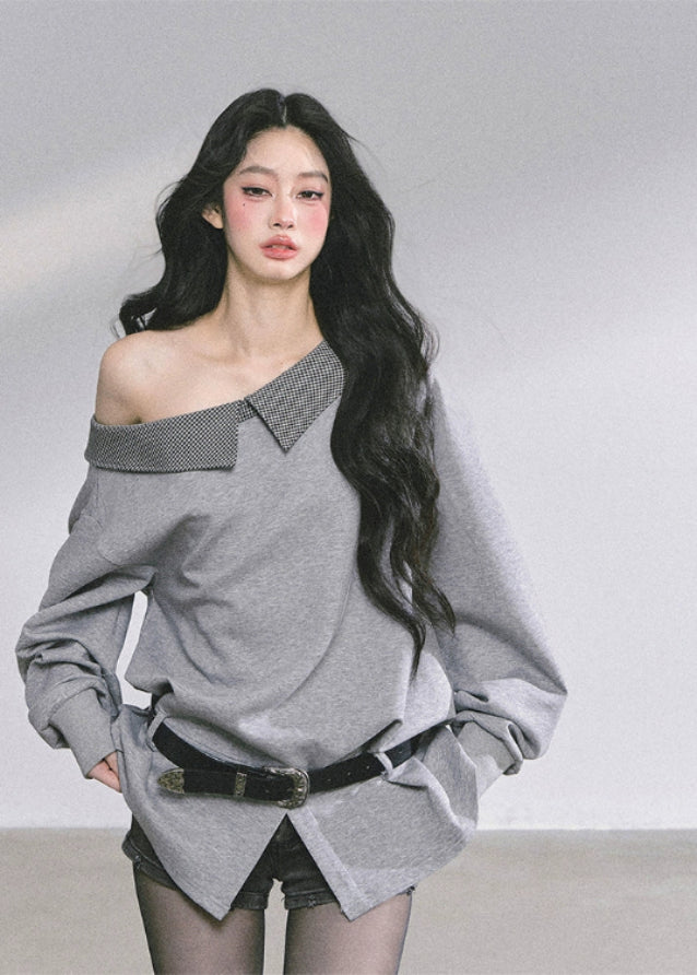 off shoulder sweatshirt women
asymmetric sweatshirt top
plaid trim sweatshirt
korean streetwear sweatshirt
american college style top
loose fit gray pullover women
slimming off shoulder top
fall fashion sweatshirt women
casual chic sweatshirt
korean american fashion top
oversized gray sweatshirt
trendy off shoulder sweater
