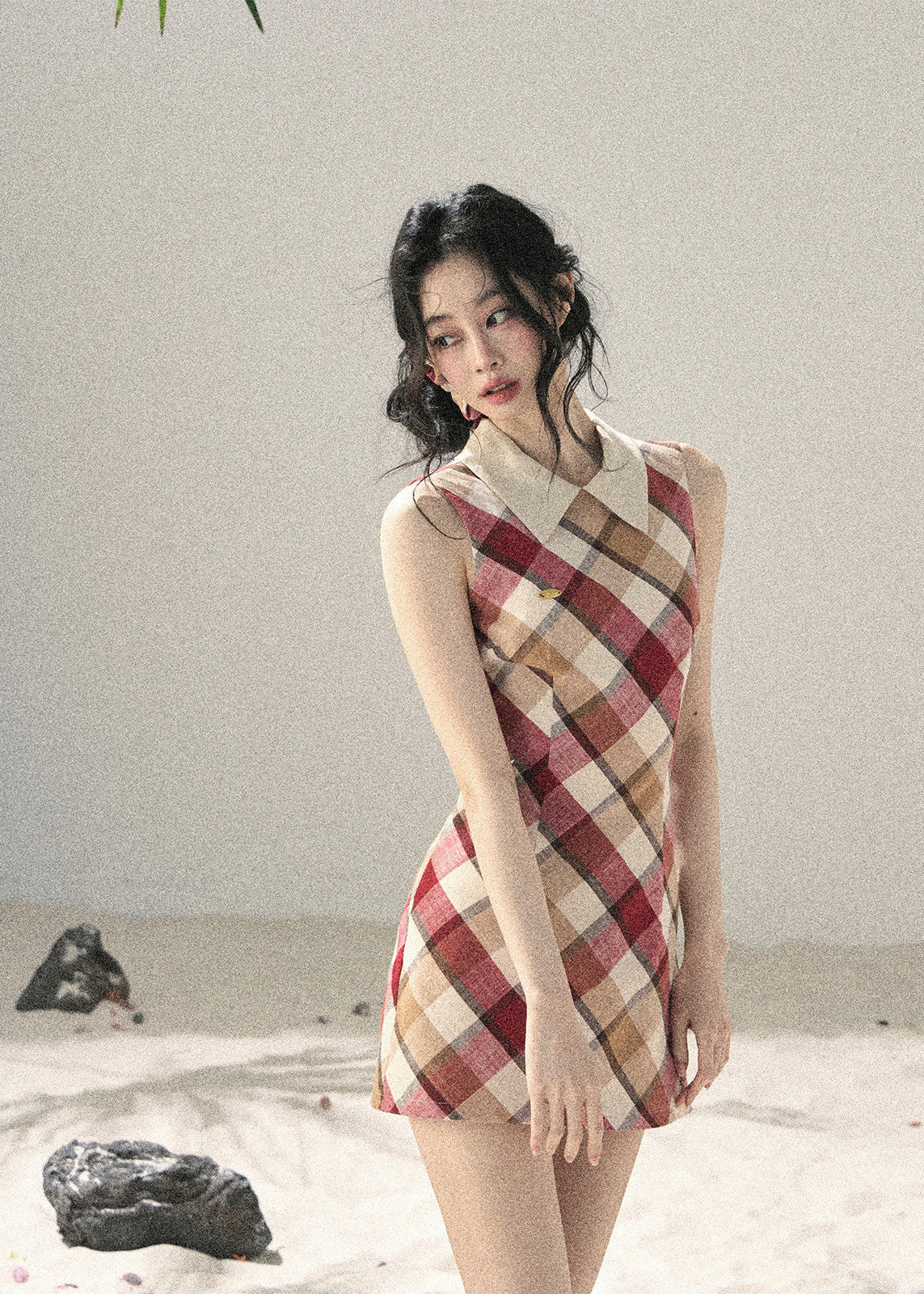 aomalm dress, plaid mini dress, polo collar dress, korean feminine dress, french vintage dress, diamond plaid dress, cotton summer dress, hip hugging mini dress, seaside summer dress, romantic plaid dress, korean summer fashion, feminine mini dress