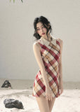 aomalm dress, plaid mini dress, polo collar dress, korean feminine dress, french vintage dress, diamond plaid dress, cotton summer dress, hip hugging mini dress, seaside summer dress, romantic plaid dress, korean summer fashion, feminine mini dress