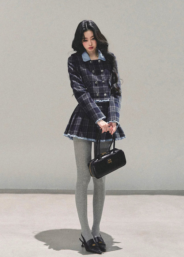 Proust Blue set, plaid suit set, collegiate jacket women, winter plaid skirt set, Korean two-piece outfit, AOMALM suit set, academic style outfit, Korean winter fashion, plaid mini skirt, tailored winter jacket, K-fashion set, blue plaid outfit, elegant winter outfit women, campus style clothing, wool blend jacket women, date outfit winter, Korean street style, cute two-piece set, winter feminine fashion, plaid matching set