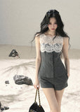 French-inspired lace vest top with matching shorts