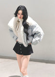 AOMALM down jacket, Korean winter jacket women, cropped fur hood jacket, white duck down coat, soft girl winter outfit, blue cropped puff jacket, warm thick down coat, Korean fashion 2025 winter, feminine winter jacket, plush collar down coat