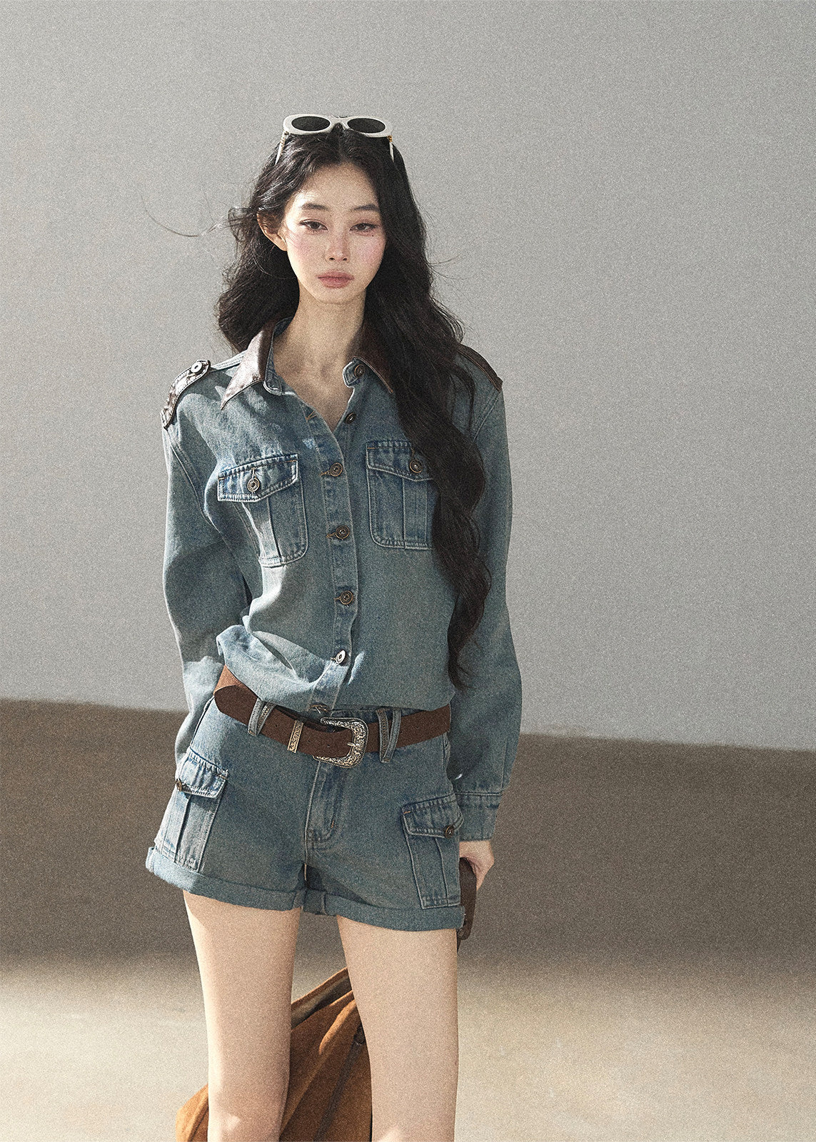 Washed denim jacket and shorts two-piece set