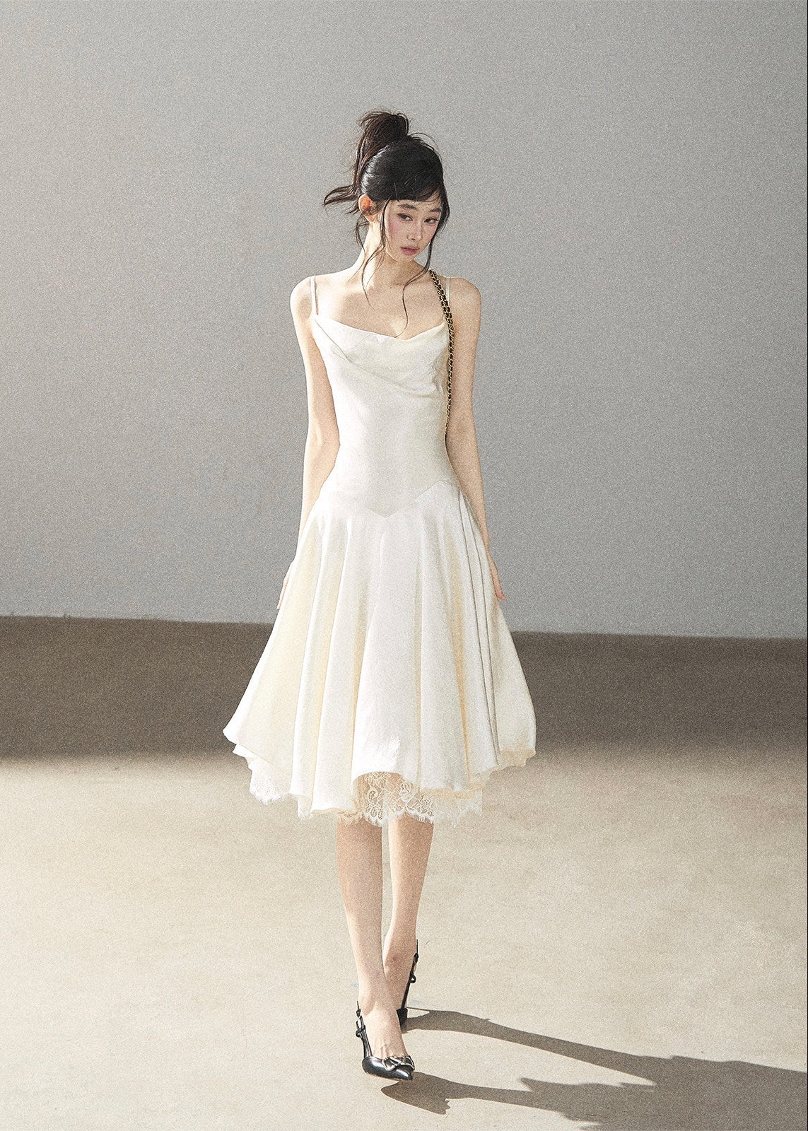 French-inspired satin slip dress in ivory