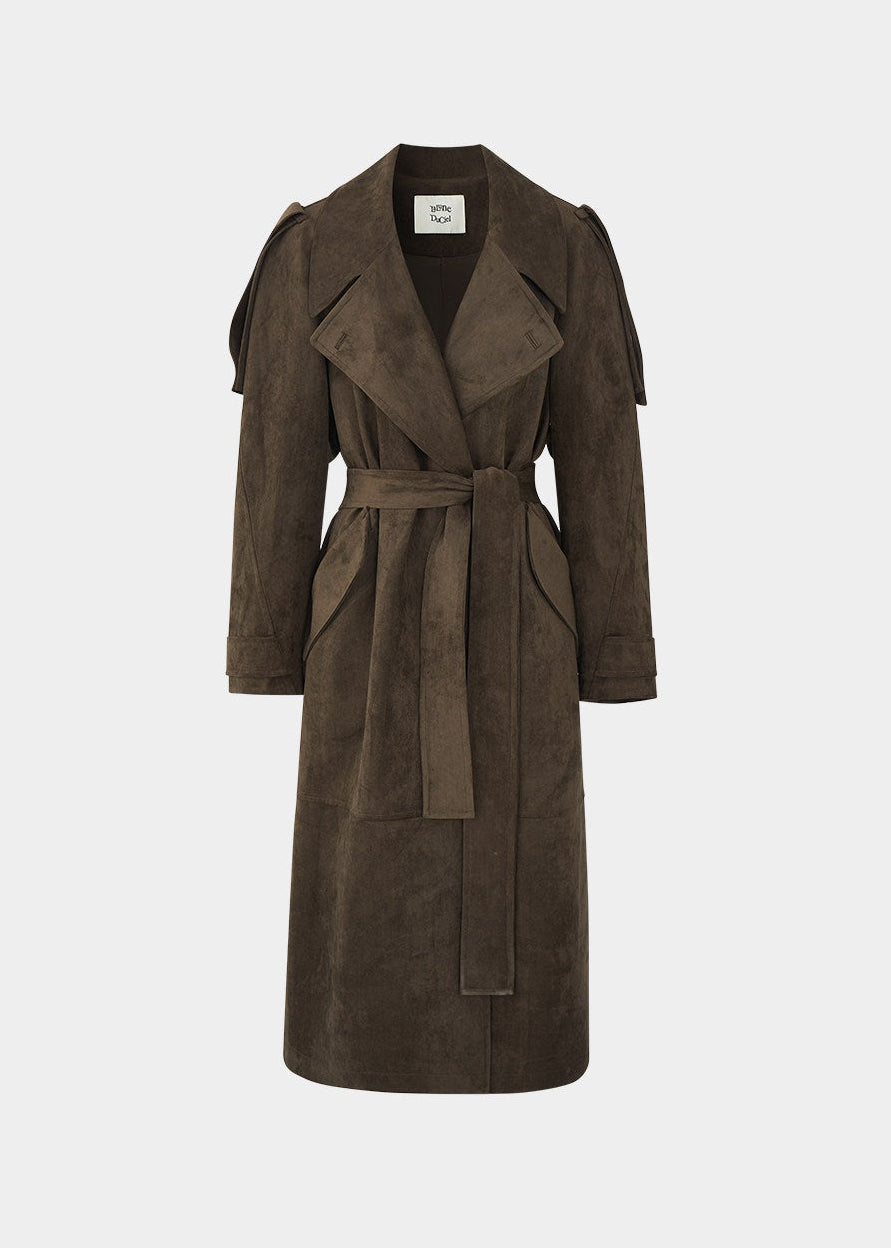 LaluneDuCiel suede trench coat women, Korean feminine long coat, mid length suede jacket women, elegant Korean style trench, urban casual suede coat, soft drape trench outerwear, versatile feminine long jacket, chic Korean fashion coat, relaxed suede mid coat women, retro inspired trench coat