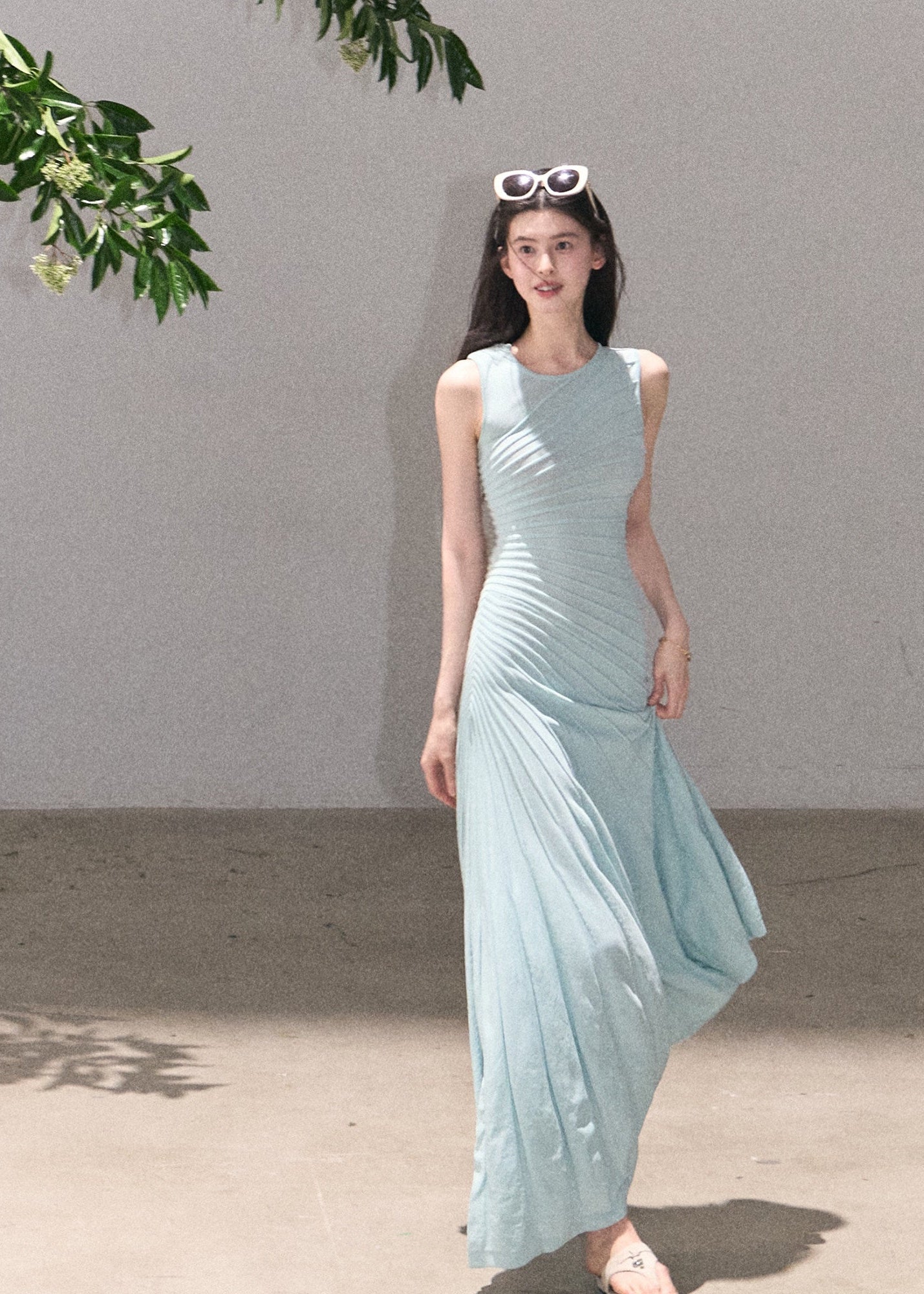 Minimal sleeveless dress in soft blue green