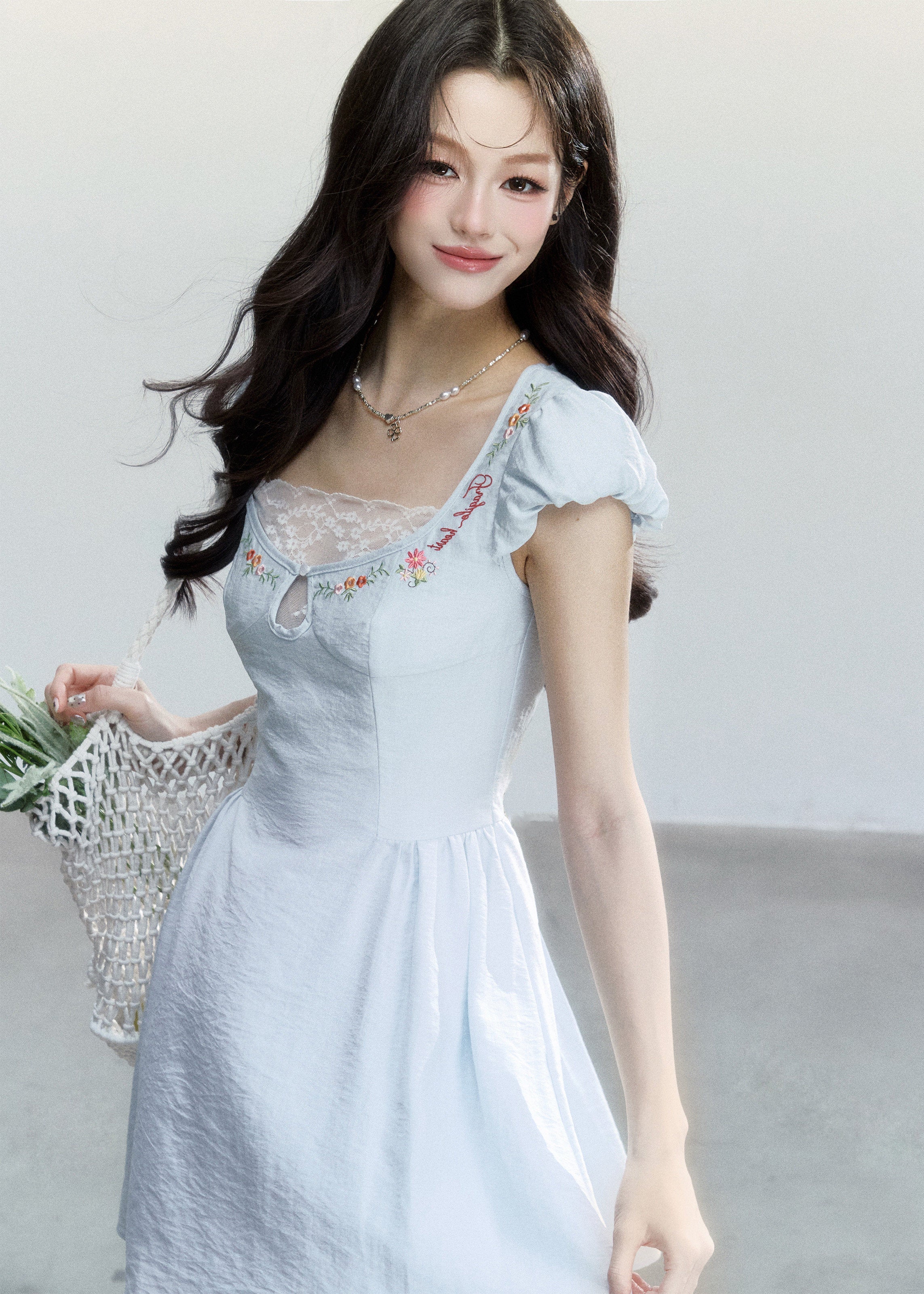 fragileheart dress, blue embroidered dress, lace mini dress, korean feminine dress, sweet summer dress, resort style dress, daisy embroidered dress, soft blue mini dress, feminine korean fashion, summer date dress, floral lace dress, romantic mini dress