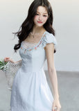fragileheart dress, blue embroidered dress, lace mini dress, korean feminine dress, sweet summer dress, resort style dress, daisy embroidered dress, soft blue mini dress, feminine korean fashion, summer date dress, floral lace dress, romantic mini dress