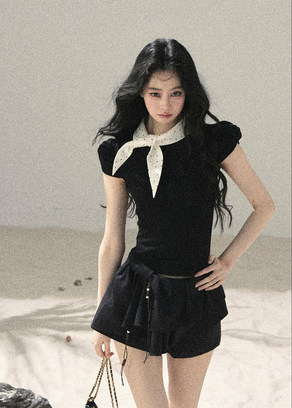 aomalm top, bow puff sleeve top, polka dot bow top, korean feminine top, french vintage top, black slimming top, puff sleeve t-shirt, waist defining top, feminine korean fashion, summer bow top, romantic black top, soft french style top