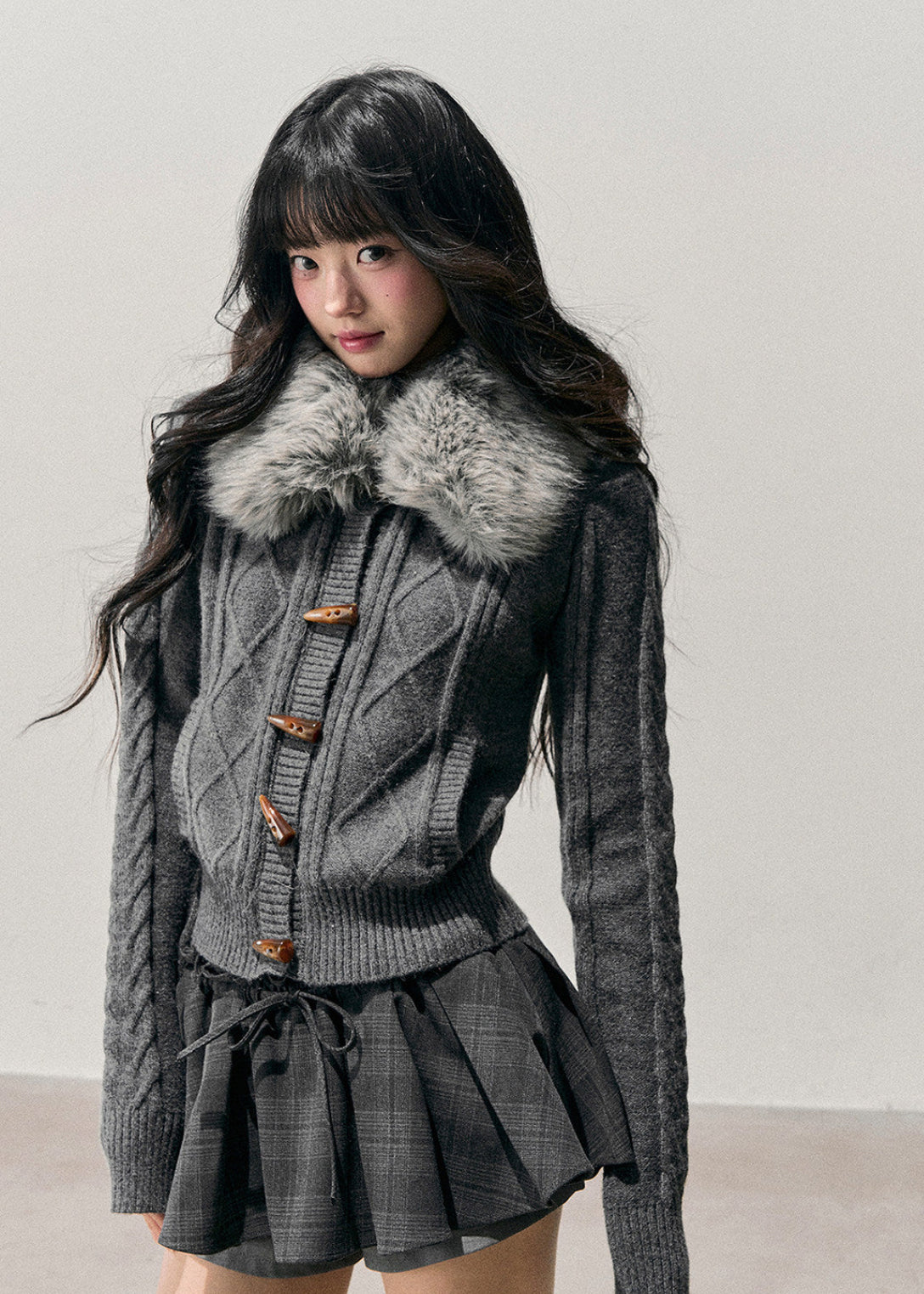 AOMALM cardigan, Korean knit sweater, horn button cardigan, feminine winter sweater, soft Korean style top, cable knit cardigan women, faux fur collar sweater, winter knit jacket women, slim fit knit cardigan, romantic Korean fashion, soft girl winter outfit, vintage button sweater, cozy feminine cardigan, Korean aesthetic clothing, winter layering knit top