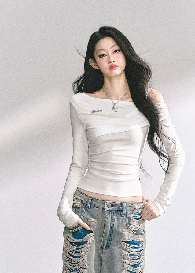 korean off shoulder long sleeve, korean hot girl top women, minimalist korean streetwear top, off shoulder drape knit top, korean fall fashion slim top, seoul style off shoulder shirt, korean aesthetic blouse women, korean sexy minimalist top, chic korean long sleeve shirt, korean modern street outfit, off shoulder hot girl korean fashion, korean autumn fitted top, french chic off shoulder design, korean straight shoulder long sleeve, kfashion minimalist fall top