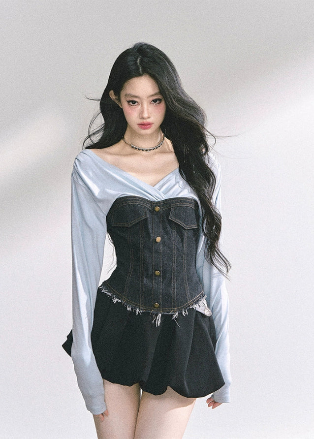 korean denim corset top, korean v neck long sleeve top, denim patchwork streetwear, korean hot girl outfit, trendy korean fall top, slim fit waist denim blouse, korean chic denim fashion, seoul style crop top women, off shoulder denim top korea, denim corset long sleeve women, modern korean streetwear top, korean aesthetic denim blouse, kfashion autumn top, urban denim streetwear outfit, korean stylish denim corset