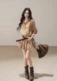 Golden beige lapel dress set with inner shorts