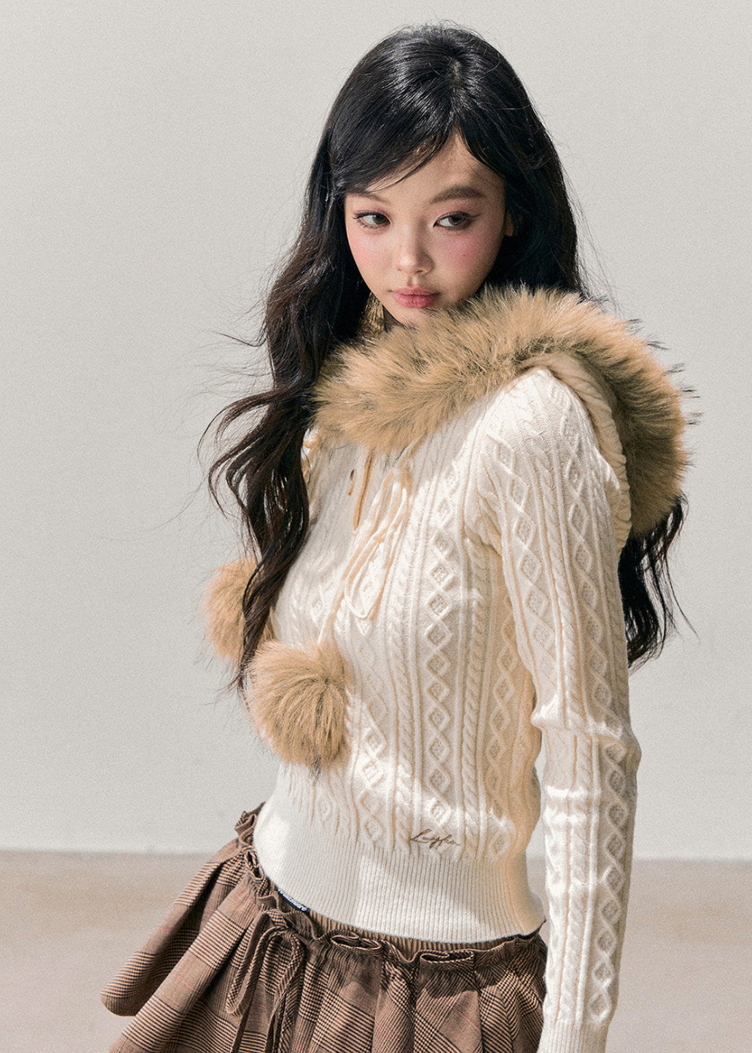 AOMALM knit sweater, Korean hooded sweater, winter cable knit top, plush hood knit, cropped winter sweater, feminine Korean style top, faux fur hood sweater, soft winter knitwear, cozy cable sweater women, Korean winter fashion, cropped knit hoodie, warm knit top women, soft girl winter sweater, aesthetic Korean knit, winter layering sweater, feminine hooded knit