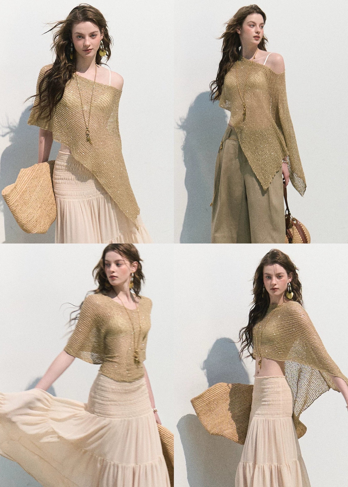 oakmoo cover up, knit cover up women, hollow knit shawl, seaside vacation cover up, linen blend knit top, asymmetric knit top, summer sun protection shawl, korean minimal fashion, resort cover up, open knit poncho, lightweight summer layer, vacation knitwear