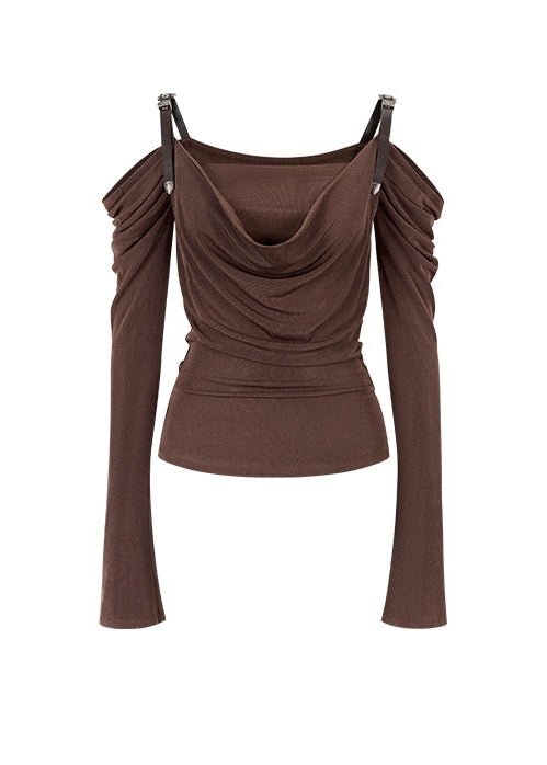 VIAPITTI strap top, leather strap long sleeve, draped off shoulder top, asymmetric streetwear top, Y2K hot girl top, edgy one shoulder shirt, Korean street fashion top, slim fit draped neckline tee, dark aesthetic long sleeve, acetate drape top women
