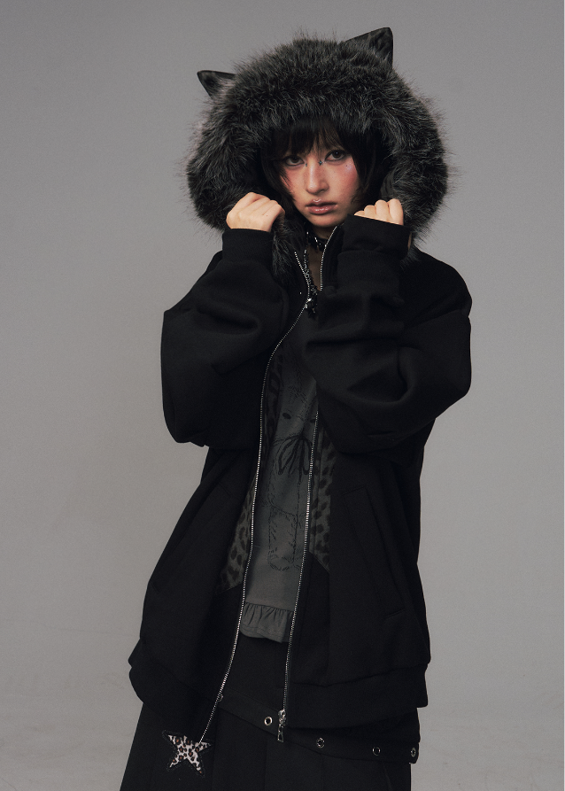 Frustration Garden hoodie, cat ear hoodie jacket, grunge fur hood sweatshirt, leopard star hoodie, edgy winter jacket women, punk fleece zip jacket, alternative streetwear coat, goth cat ear coat, oversized fur hood jacket