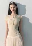 Caramel beige fitted Henley tee with tonal embroidery